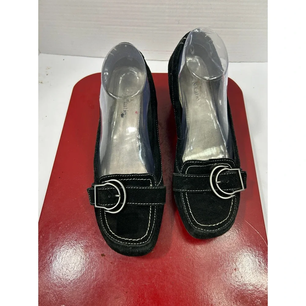 Kelly & Katie Suede Buckle Wedge 9.5 Black Contrast Stitch Office Academia Chic